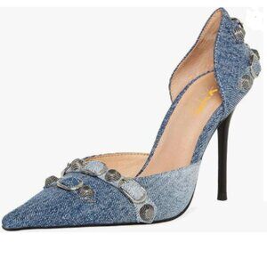XYD Blue Denim High Heels Slip On Pointed Toe Textured Studs Buckle D'Orsay Pump